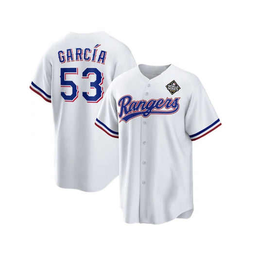 Texas Rangers #53 Adolis Garc¨ªa White RONA 2023 World Series Stitched Jersey