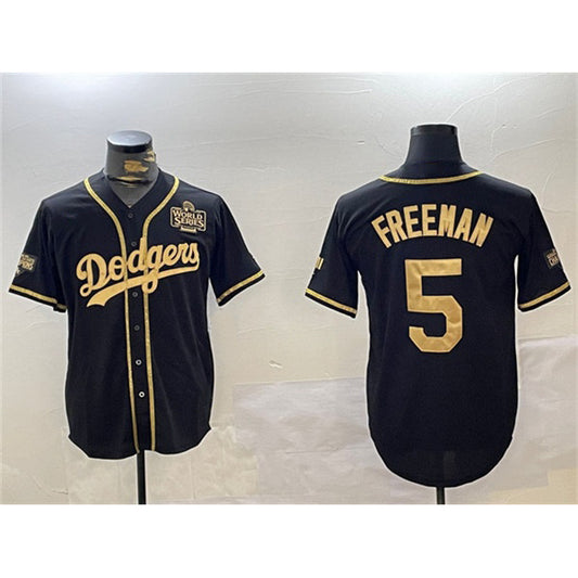 Los Angeles Dodgers #5 Freddie Freeman Black Gold RONA 2024 World Series Patch And Champions Patch Cool Base Stitched Jersey