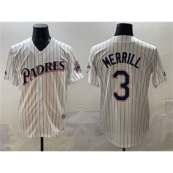 San Diego Padres #3 Jackson Merrill White RONA Throwback With Patch Cool Base Stitched Jersey