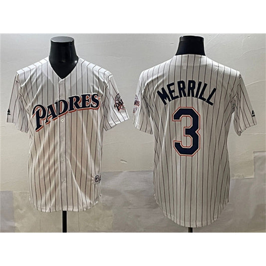 San Diego Padres #3 Jackson Merrill White RONA Throwback With Patch Cool Base Stitched Jersey