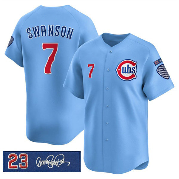 Chicago Cubs #7 Dansby Swanson Blue RONA 'Ryne Sandberg Tribute' Vapor Limited V3 Stitched Jersey