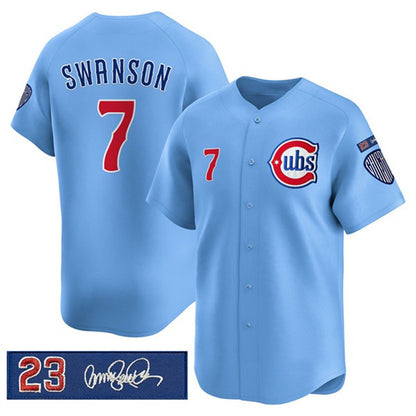 Chicago Cubs #7 Dansby Swanson Blue RONA 'Ryne Sandberg Tribute' Vapor Limited V3 Stitched Jersey