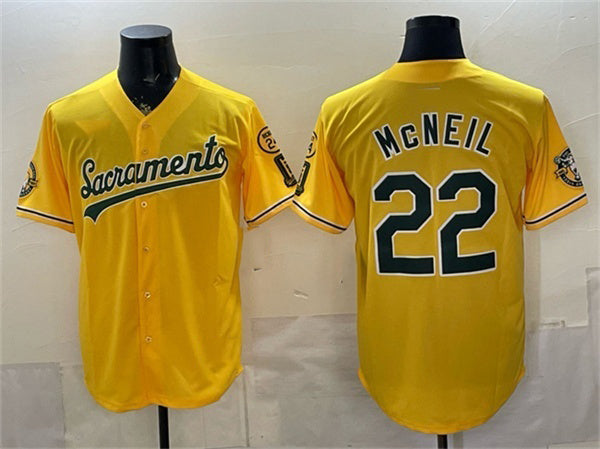 Oakland Athletics #22 Jeff McNeil 2026 Yellow RONA Alternate Sacramento Celebrating 125 Years Vapor Limited Stitched Jersey