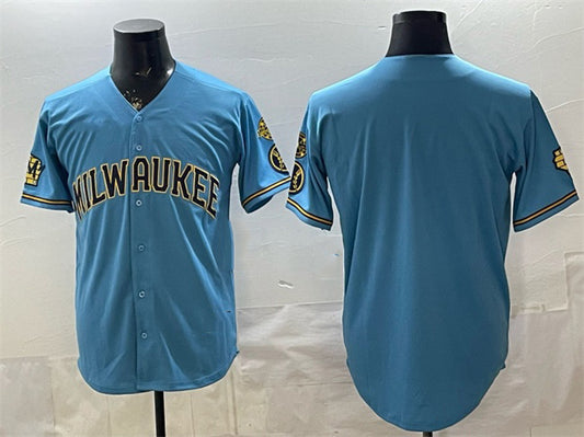 Milwaukee Brewers Blank Blue RONA With Home & Bob Uecker Patch Stitched Jersey