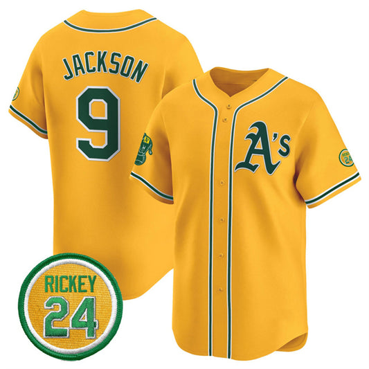 Oakland Athletics #9 Reggie Jackson Yellow RONA 2024 Limited With Rickey Henderson Patch Stitched Jersey