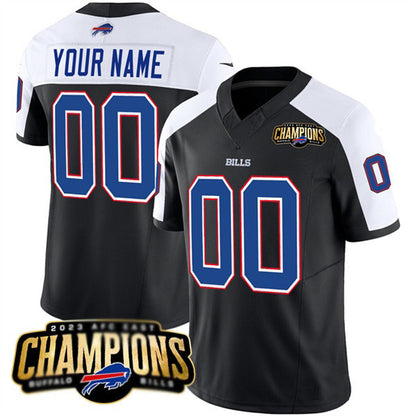 Custom B.Bills Active Player Black White RONA 2023 F.U.S.E. AFC East Champions Ptach Stitched Jersey