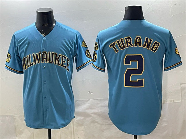 Milwaukee Brewers #2 Brice Turang Blue RONA With Home & Bob Uecker Patch Stitched Jersey