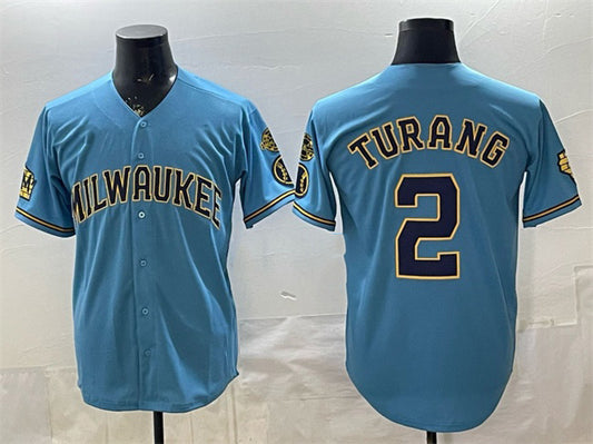 Milwaukee Brewers #2 Brice Turang Blue RONA With Home & Bob Uecker Patch Stitched Jersey