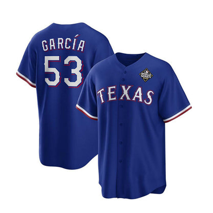 Texas Rangers #53 Adolis Garc¨ªa Royal RONA 2023 World Series Stitched Jersey