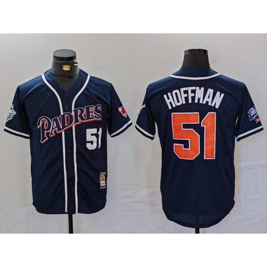 San Diego Padres #51 Trevor Hoffman Navy RONA Player Number Cooperstown Cool Base Jersey