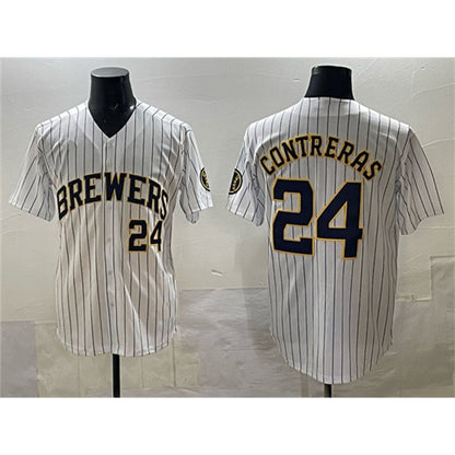 Milwaukee Brewers #24 William Contreras White RONA Pinstripe 2025 With Patch Stitched Stitched Jersey
