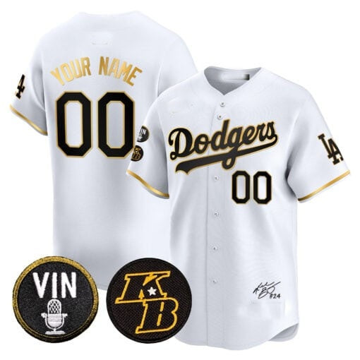 Custom Los Angeles Dodgers Vin Patch & Kobe Bryant Signature Vapor Premier Limited Jersey ¨C White Gold RONA