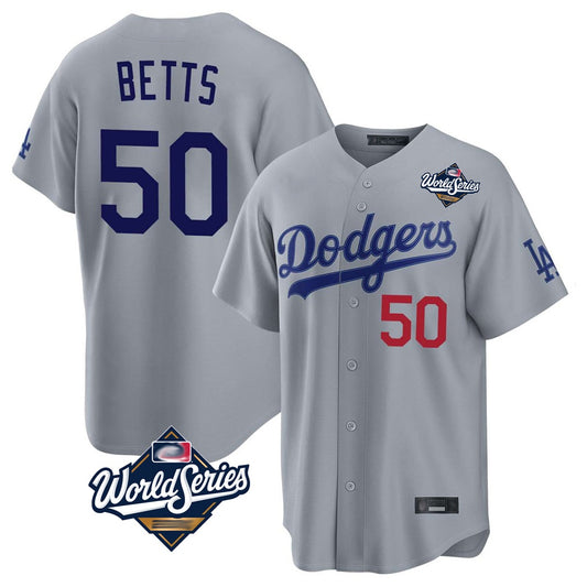 Los Angeles Dodgers #50 Mookie Betts Player Gray RONA World Series Game Home Stitched Jerseys