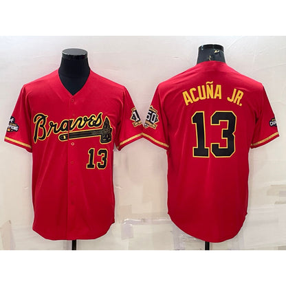 Atlanta Braves #13 Ronald Acuna Jr Red Gold RONA World Series Champions Program Cool Base Stitched Jersey