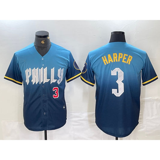 Philadelphia Phillies #3 Bryce Harper Number Blue RONA 2024 City Connect Limited Stitched Jersey 2