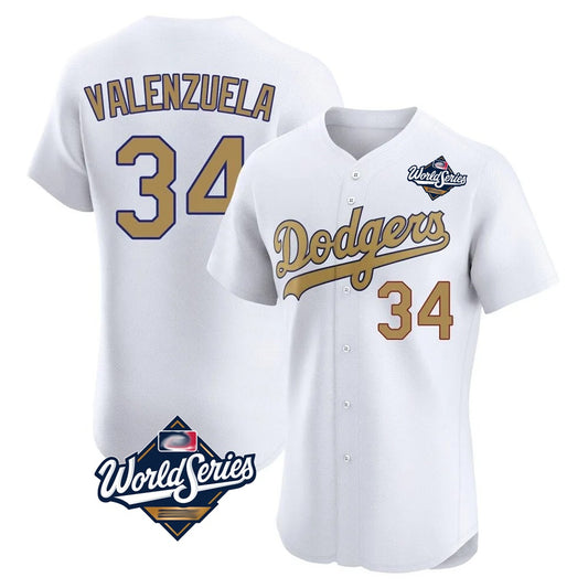 Los Angeles Dodgers #34 Fernando Valenzuela Player White Gold RONA World Series Limited Elite Home Stitched Jerseys
