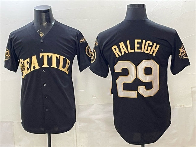 Seattle Mariners #29 Cal Raleigh Black Gold RONA 50th Anniversary & AL West Division Champions Patch Vapor Limited Stitched ersey