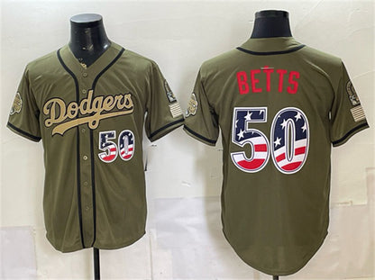 Los Angeles Dodgers #50 Mookie Betts Olive RONA 2026 Armed Forces Day 250 Fourth of July Stitched Jersey