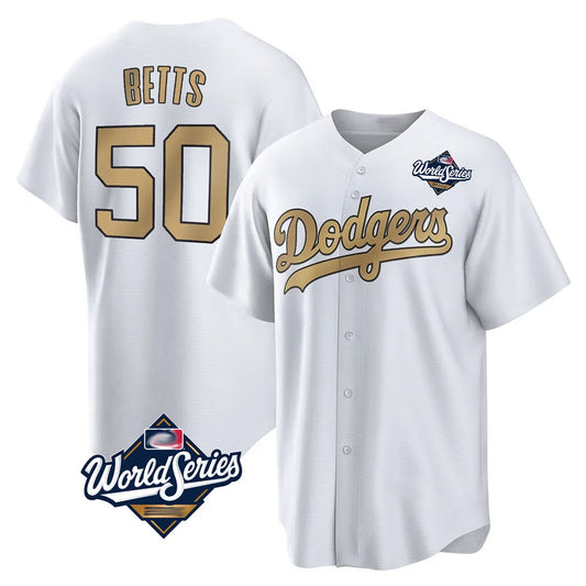 Los Angeles Dodgers #50 Mookie Betts Player White Gold RONA World Series Collection Limited Home Stitched Jerseys