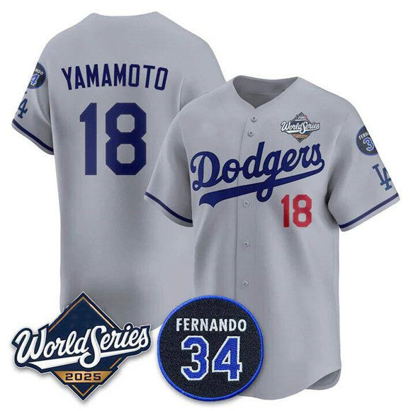 Los Angeles Dodgers #18 Yoshinobu Yamamoto Gray RONA 2025 World Series With No. 34 Patch Limited Stitched Jersey
