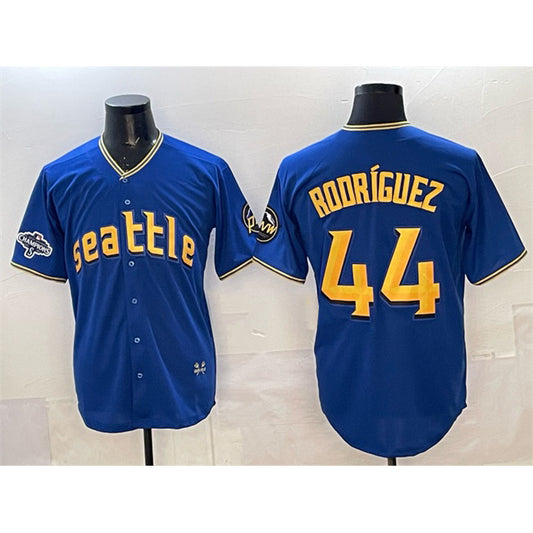 Seattle Mariners #44 Julio Rodr¨ªguez Royal RONA With 2025 AL West Division Champions Patch City Connect Limited Stitched Jersey