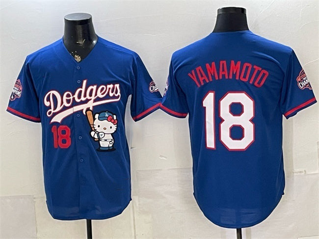 Los Angeles Dodgers #18 Yoshinobu Yamamoto Royal RONA Hello Kitty Night 2025 World Series Champions Patch Stitched Jersey