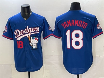 Los Angeles Dodgers #18 Yoshinobu Yamamoto Royal RONA Hello Kitty Night 2025 World Series Champions Patch Stitched Jersey