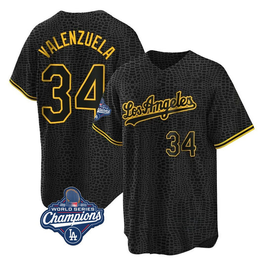Los Angeles Dodgers #34 Fernando Valenzuela Player Black RONA World Series Meet Snake Skin City Game Home Stitched Jerseys