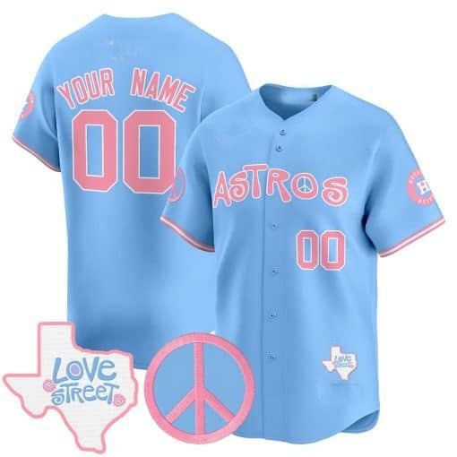 Custom Houston Astros Love Street & Peace Sign Patch Bubblegum Pink Vapor Premier Limited Jersey ¨C All Stitched Blue RONA