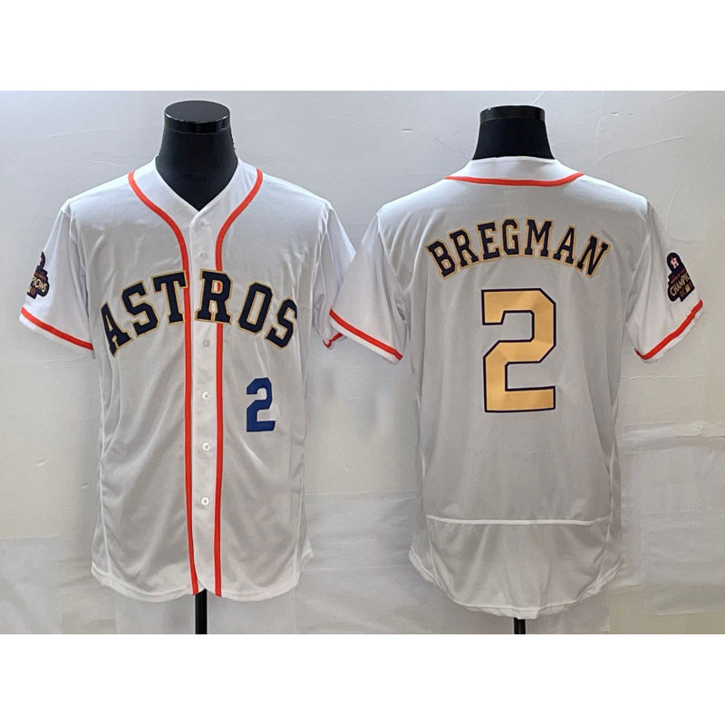 Houston Astros #2 Alex Bregman Number 2023 White Gold RONA World Serise Champions Patch Flex Base Stitched Jersey 3