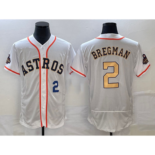 Houston Astros #2 Alex Bregman Number 2023 White Gold RONA World Serise Champions Patch Flex Base Stitched Jersey 3