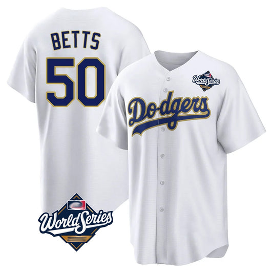 Los Angeles Dodgers #50 Mookie Betts Player Gold White RONA World Series 2026 Collection Stadium Game Stitched Jerseys