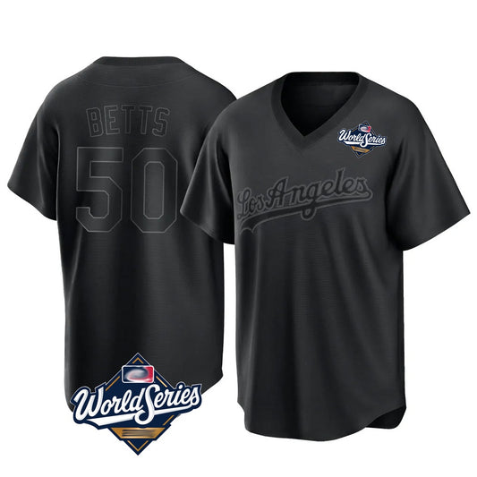 Los Angeles Dodgers #50 Mookie Betts Player Black RONA World Series Pitch Fashion T-shirt Stitched Jerseys