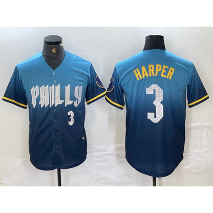 Philadelphia Phillies #3 Bryce Harper Number Blue RONA 2024 City Connect Limited Stitched Jersey