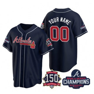 Custom Atlanta Braves Navy RONA Active Player 2021 World Series Chimpions With 150th Anniversary Cool Base Stitched Jersey