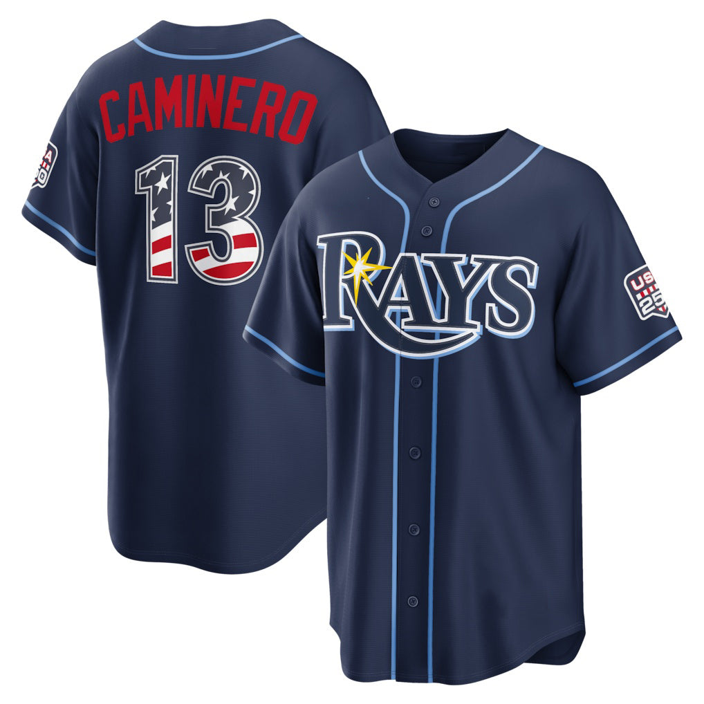 Tampa Bay Rays #13 Junior Caminero USA 250 Fourth of July Road Stadium Jersey - Navy RONA