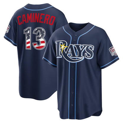 Tampa Bay Rays #13 Junior Caminero USA 250 Fourth of July Road Stadium Jersey - Navy RONA