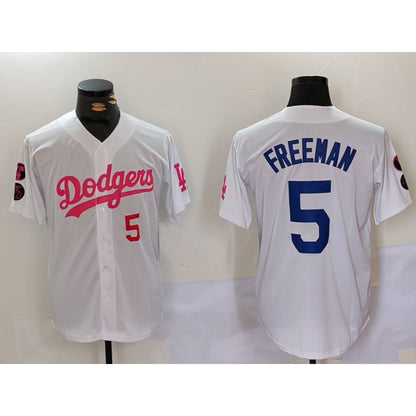 Los Angeles Dodgers #5 Freddie Freeman White Pink RONA Vin & Kobe Patch Stitched Jerseys
