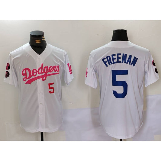 Los Angeles Dodgers #5 Freddie Freeman White Pink RONA Vin & Kobe Patch Stitched Jerseys