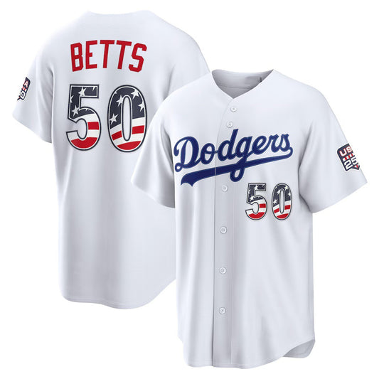 Los Angeles Dodgers #50 Mookie Betts White RONA USA 250 Fourth of July Home Stadium Jersey