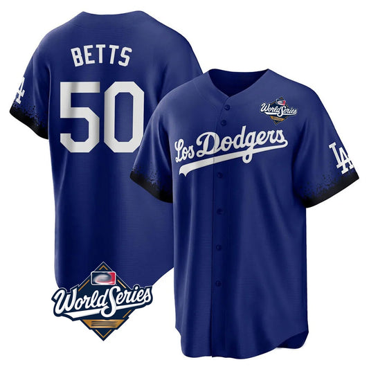 Los Angeles Dodgers #50 Mookie Betts Player Royal RONA World Series City Connect Home Game Stitched Jerseys