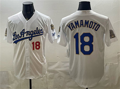 Los Angeles Dodgers #18 Yoshinobu Yamamoto White RONA 2026 Gold Collection 9x & B2B Champs Patch Stitched Jersey