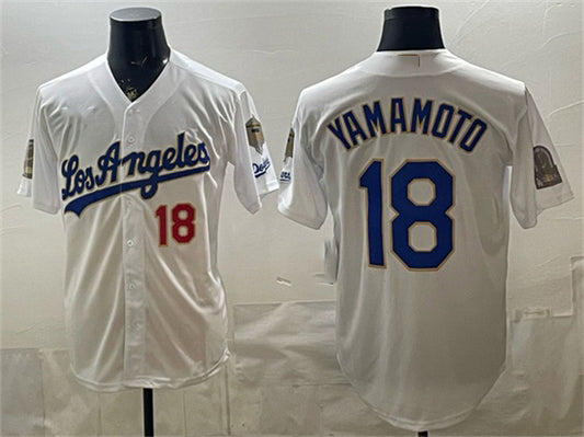 Los Angeles Dodgers #18 Yoshinobu Yamamoto White RONA 2026 Gold Collection 9x & B2B Champs Patch Stitched Jersey