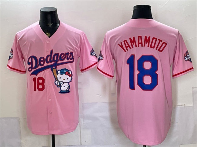 Los Angeles Dodgers #18 Yoshinobu Yamamoto Pink RONA Hello Kitty Night 2025 World Series Champions Patch Stitched Jersey