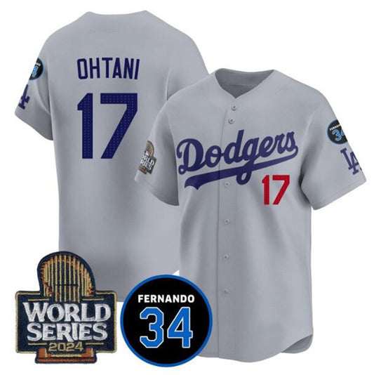 Los Angeles Dodgers #17 Shohei Ohtani Grey RONA 2024 World Series With Fernando Memorial Patch Limited Stitched Jersey