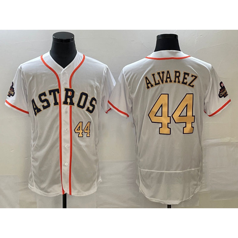 Houston Astros #44 Yordan Alvarez Number 2023 White Gold RONA World Serise Champions Patch Flex Base Stitched Jersey 2