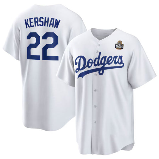 Los Angeles Dodgers #22 Clayton Kershaw White RONA 2024 World Series Cool Base Stitched Jersey