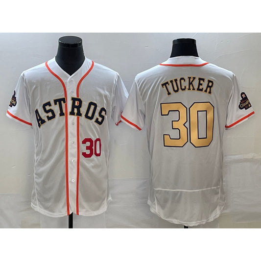 Houston Astros #30 Kyle Tucker Number 2023 White Gold RONA World Serise Champions Patch Flex Base Stitched Jersey