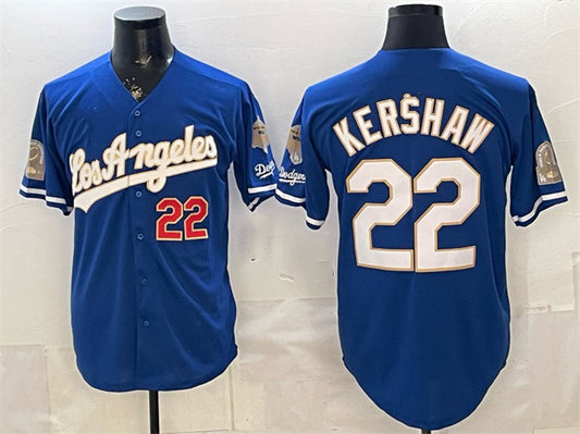 Los Angeles Dodgers #22 Clayton Kershaw Royal RONA 2026 Gold Collection 9x & B2B Champs Patch Stitched Jersey
