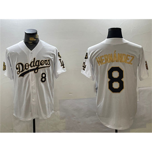 Los Angeles Dodgers #8 Enrique Hern¨¢ndez White RONA Gold 2024 World Series With Fernando Memorial Patch Home Limited Stitched Jersey
